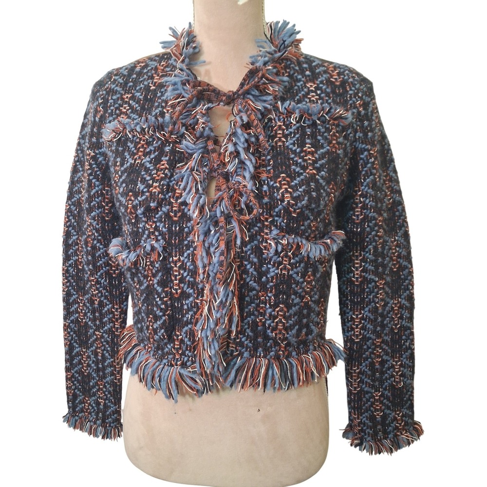 Aldo Martins Women XS Mixed Media Tie Knit Fringe Jacket Quilted Puffer Back